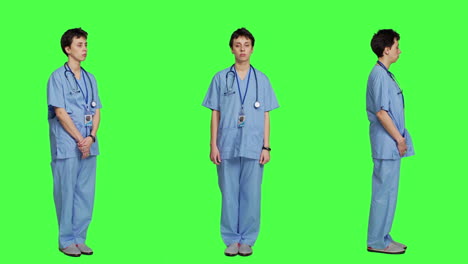 Displeased-nurse-saying-no-and-sighing-against-greenscreen-backdrop